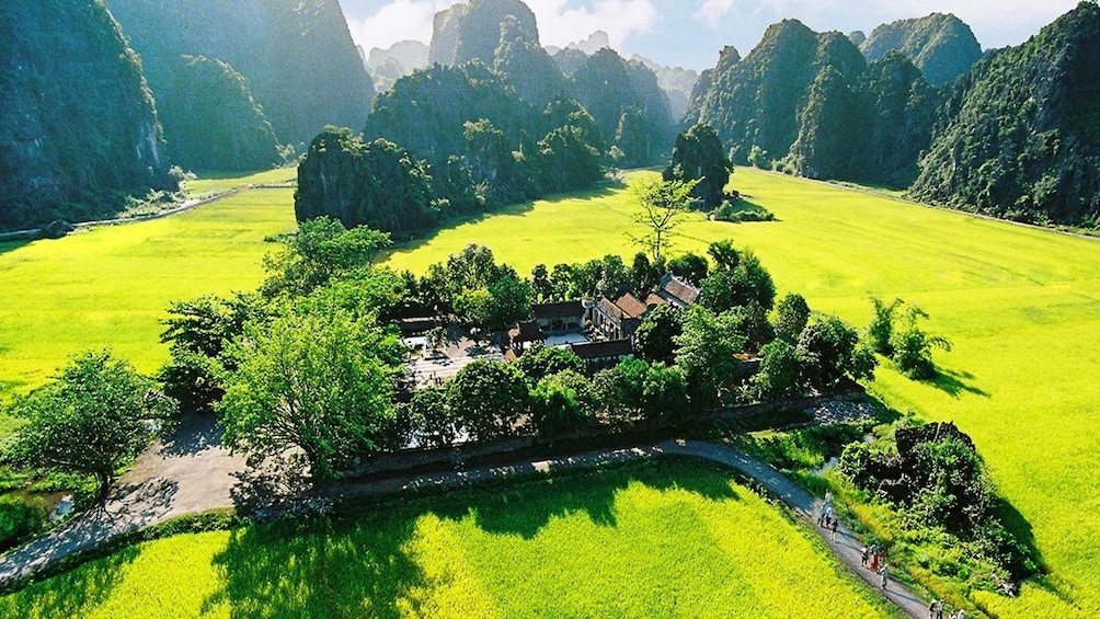 Aerial view of Hoa Lu Ancient Capital on a beautiful sunny day 