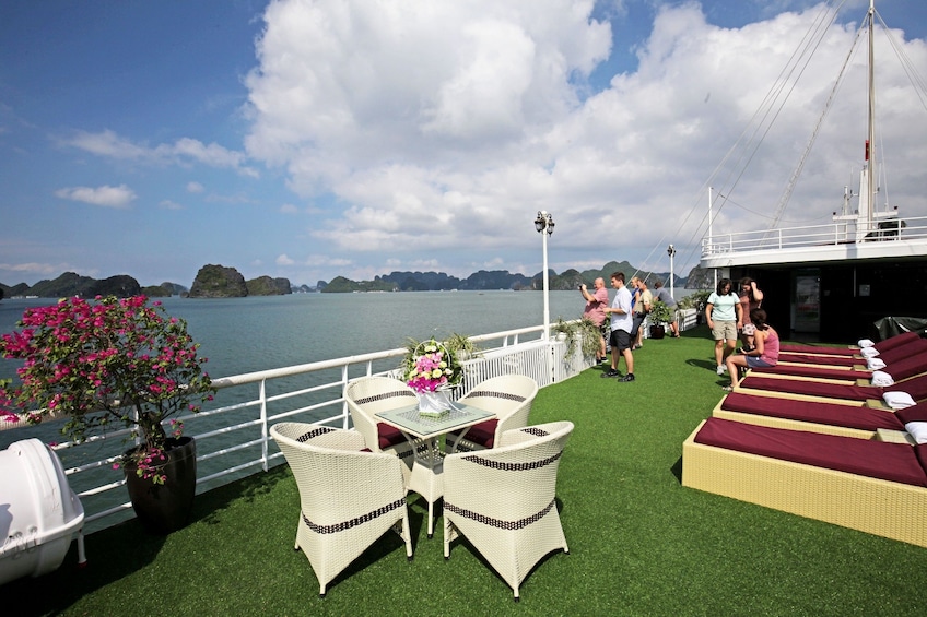 Grassy lounge area on a cruise ship near Halong Bay