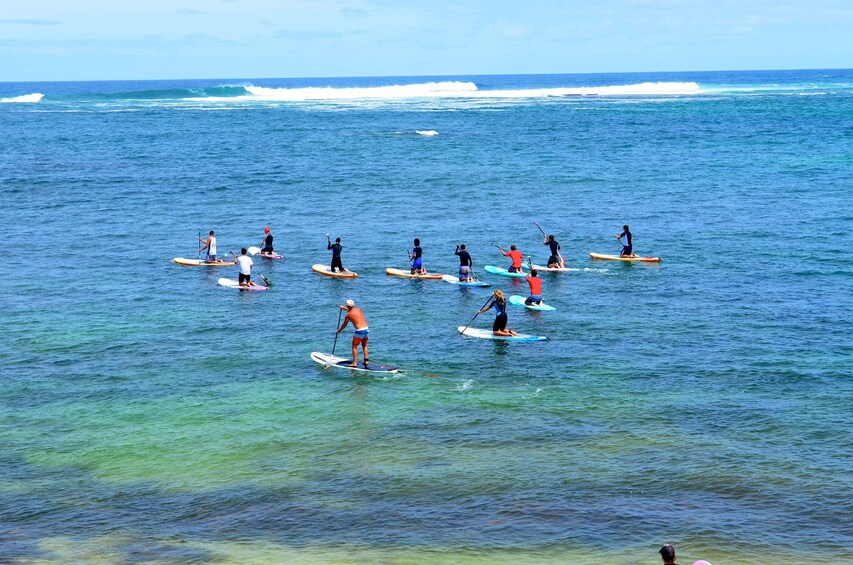 Aerial view of Paddle boarders on the water