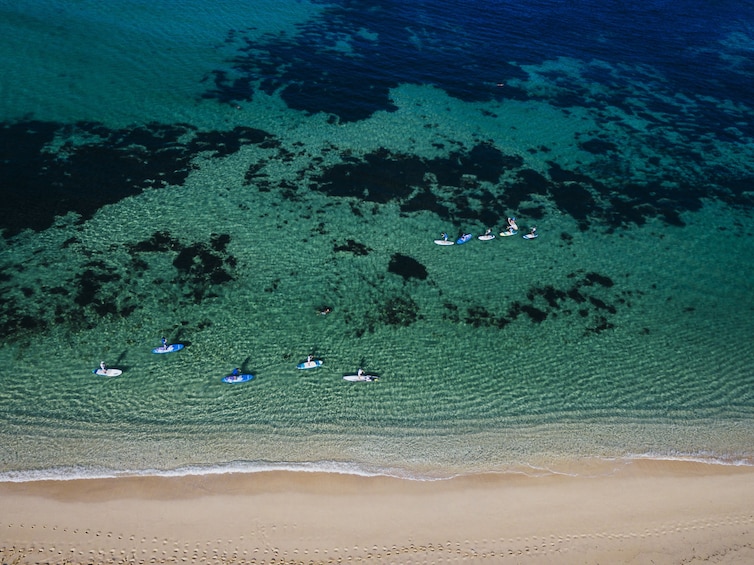 Aerial drone image of Paddle boarders off the Australian coast