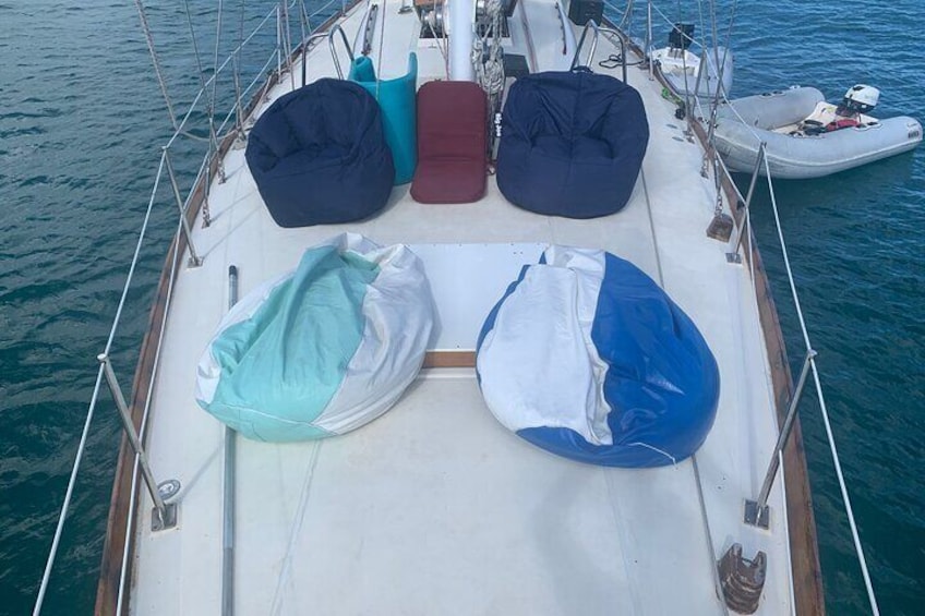 Lots of room on the bow, four bean bags, plus a couple of chairs