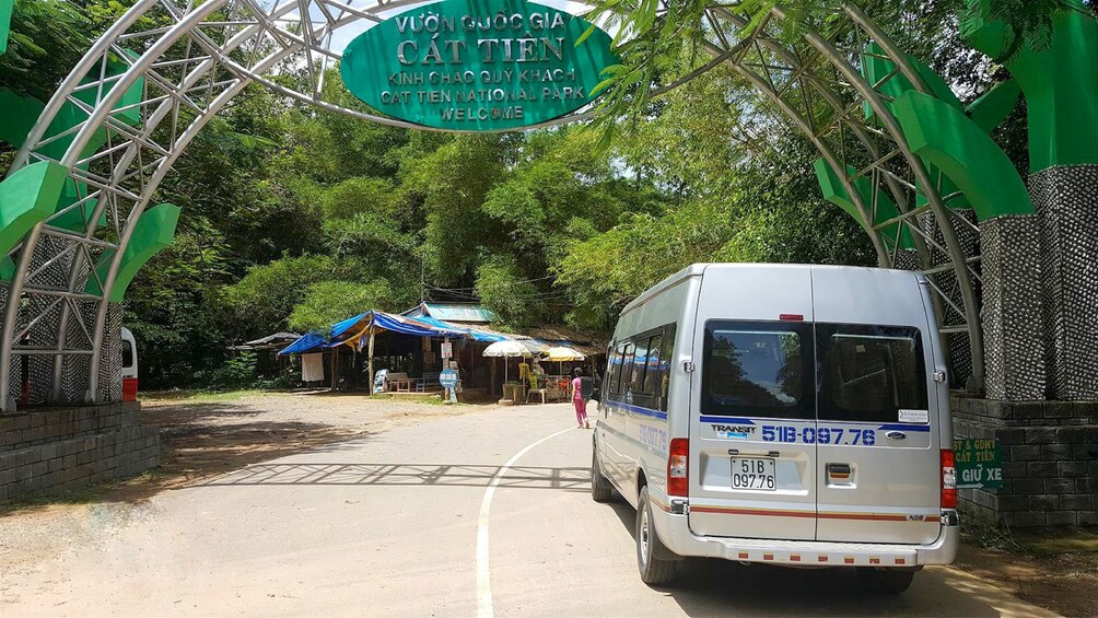 Tour van entering Cat Tien National Park in Vietnam 