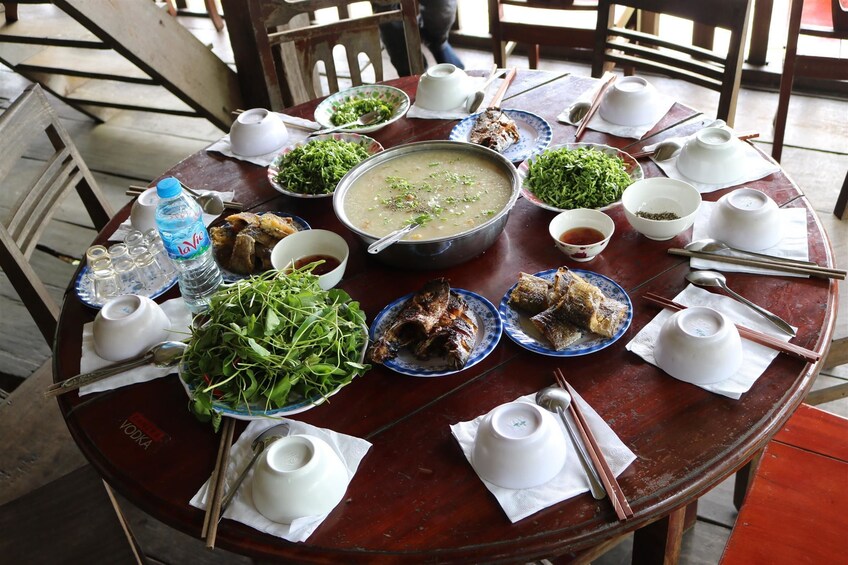 Vietnamese meal prepared on a round table 