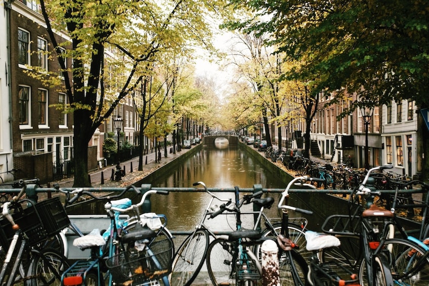 Bikes parked on a bridge over an Amsterdam canal