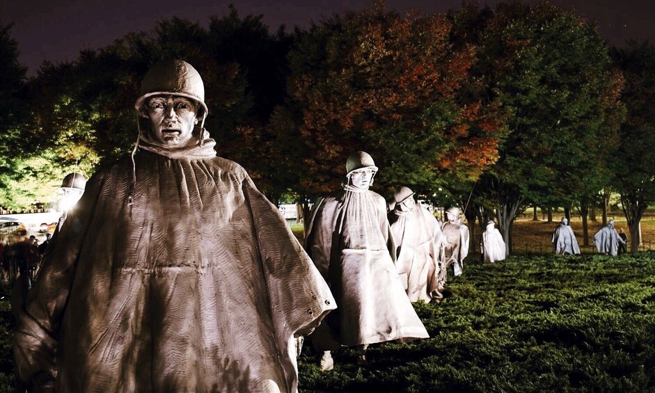 WWII monument in National Mall at night