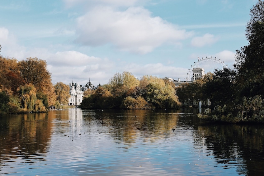 Pond and gardens at Buckingham Palace in London