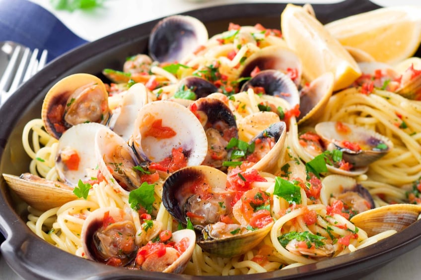 Show item 4 of 9. Seafood pasta on a dinner cruise in Cagliari