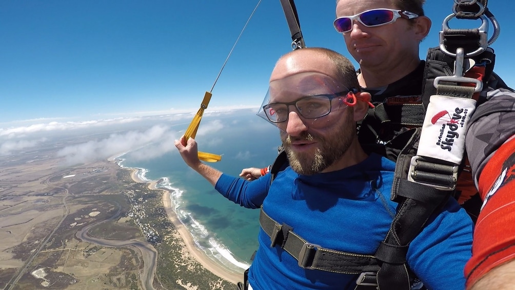 View of a tandem skydive over Bells Beach, Torquay