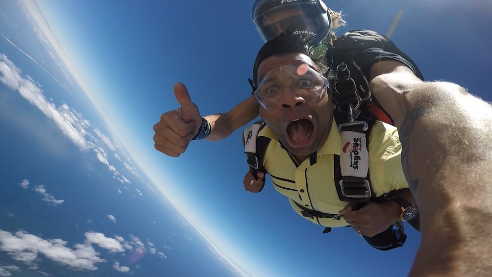 Man excited on the tandem skydive over Bells Beach, Torquay