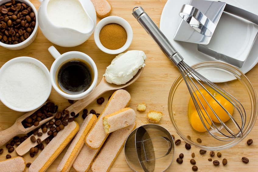 Tiramisu ingredients and tools at a class in Rome