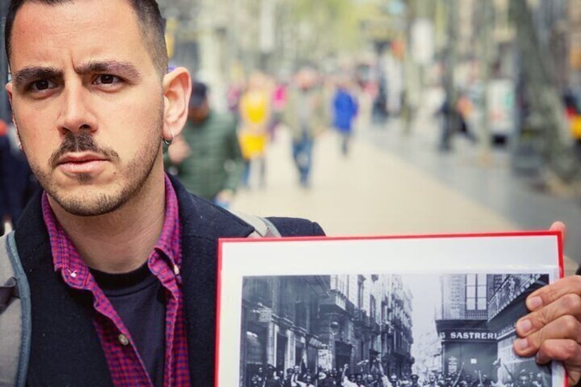 Spanish Civil War Tour Guide Barcelona showing a historic image of the war on the Rambla