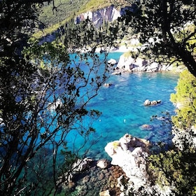 Korfu: Vandring i olivlundar, by, solnedgång, med badstopp