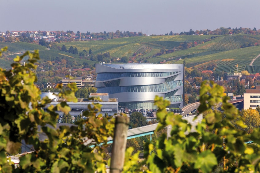 View of the Mercedes-Benz Museum from a vineyard in Stuttgart
