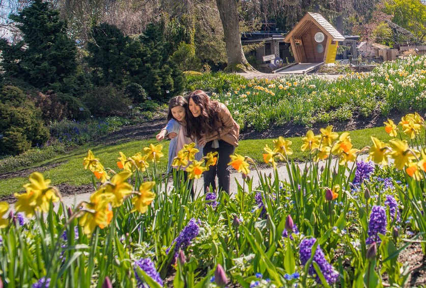 Mother and child viewing the flowers at the VanDusen Botanical Garden in Vancouver BC 