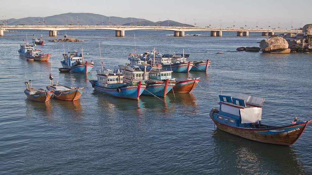 Small colorful boats on lake in Vietnam