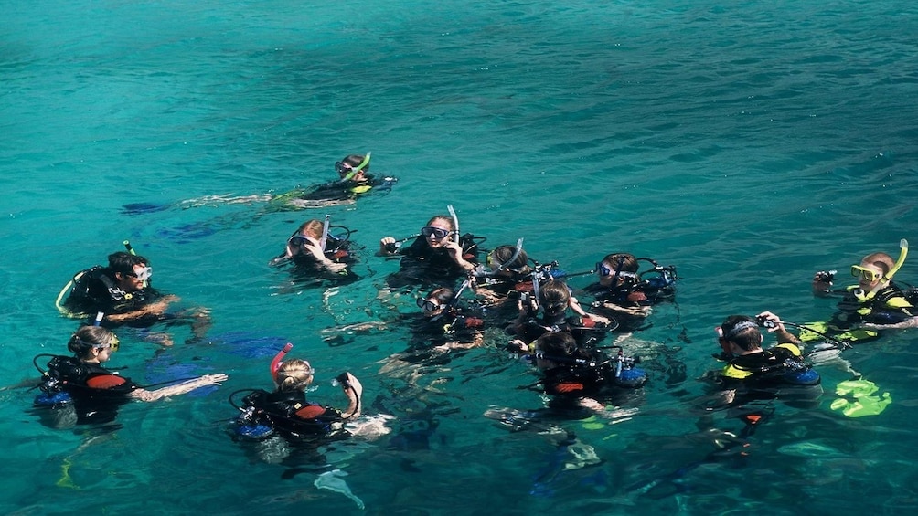 Group of snorkelers in bright blue waters of Vietnam
