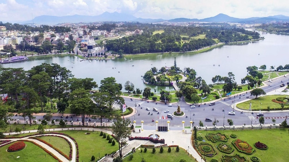 Aerial view of downtown Dalat, Vietnam on a sunny day