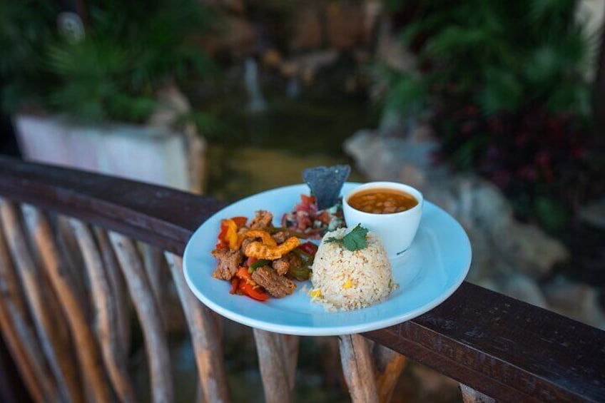 Tasty Mexican Fajitas, chicken rice beans and local tortillas included.