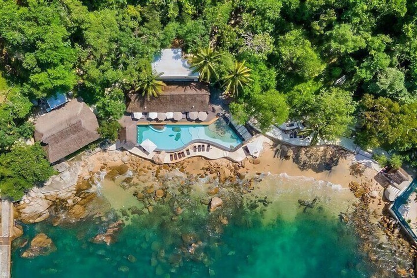 Birds eye View. Calm protected waters in front offer good snorkeling and water activities. 