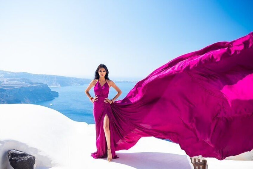 Professional Flying Dress Photoshoot In Santorini