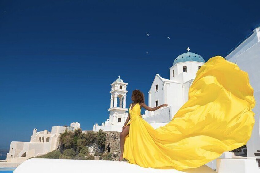 Professional Flying Dress Photoshoot In Santorini