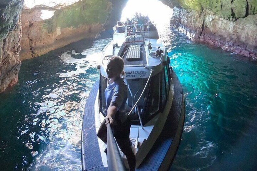 Feel the adventure of cruising inside the giant sea caves at Ile Des Phoques and Maria Island