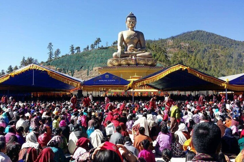 Devotees gathered at a blessing ceremony before the giant Buddha statue in Thimphu