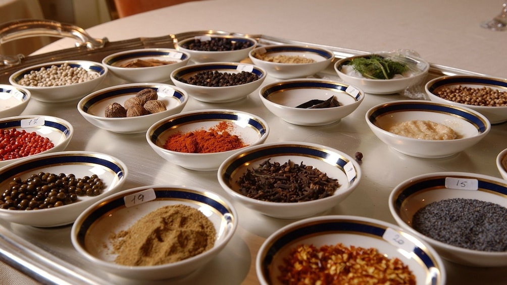 Spices on small dishes at a cooking class tour in Ho Chi Minh City