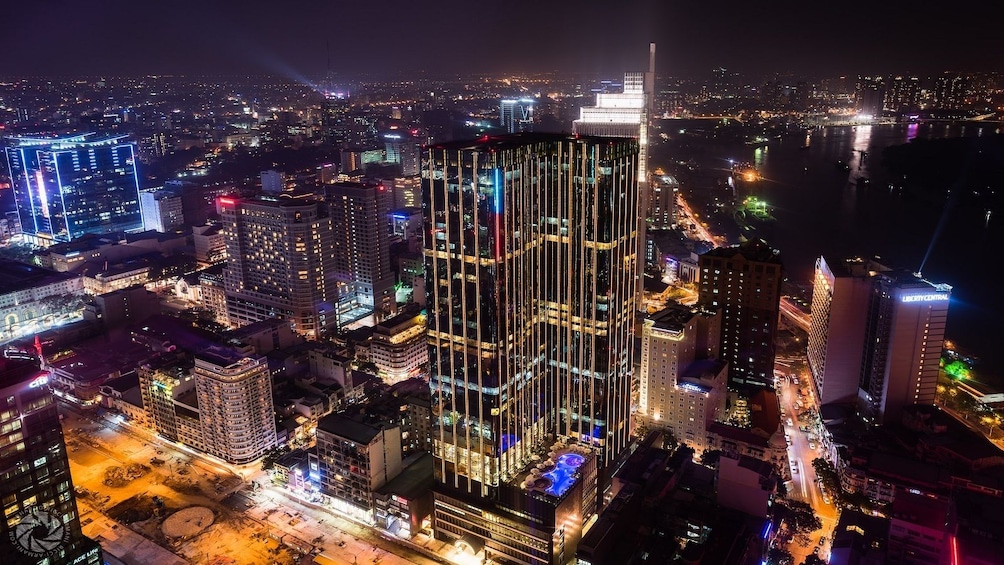 Aerial view of the skyscrapers in Ho Chi Minh City at night 
