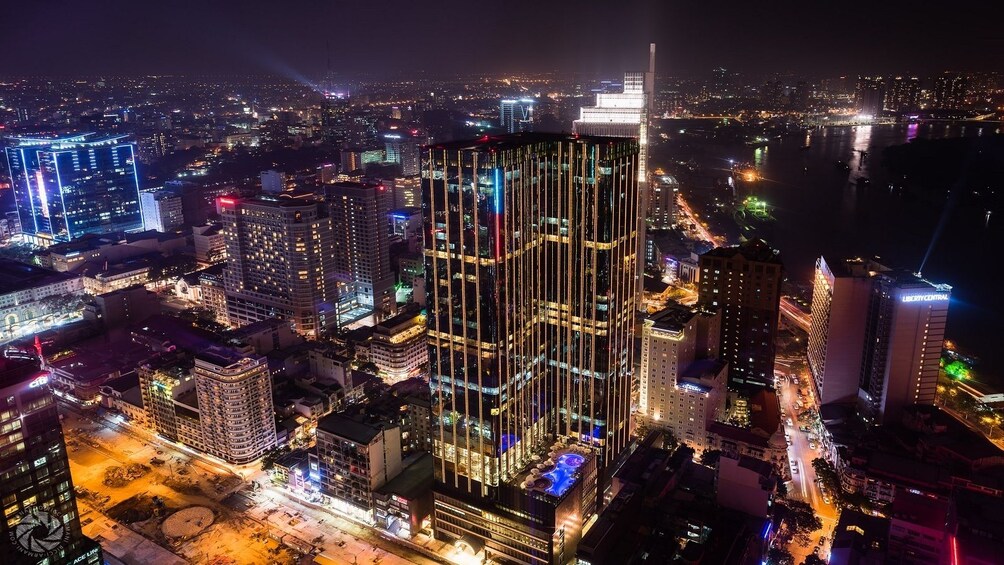 Aerial view of the skyscrapers in Ho Chi Minh City at night 