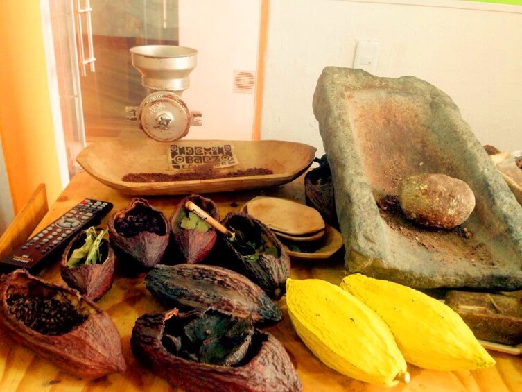 Display of a stone used to grind seeds in a Quito museum