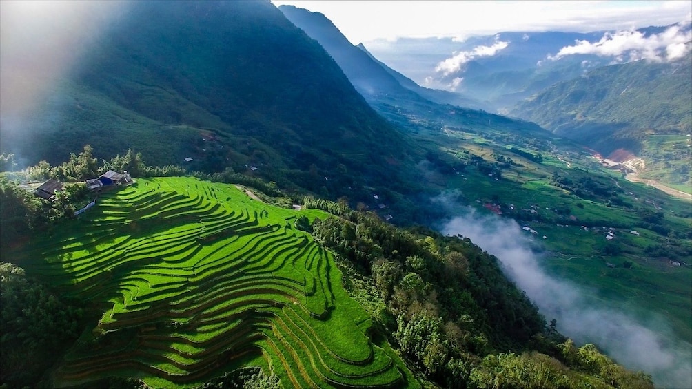 Aerial view of Sa Pa valley with mountains and terraced fields