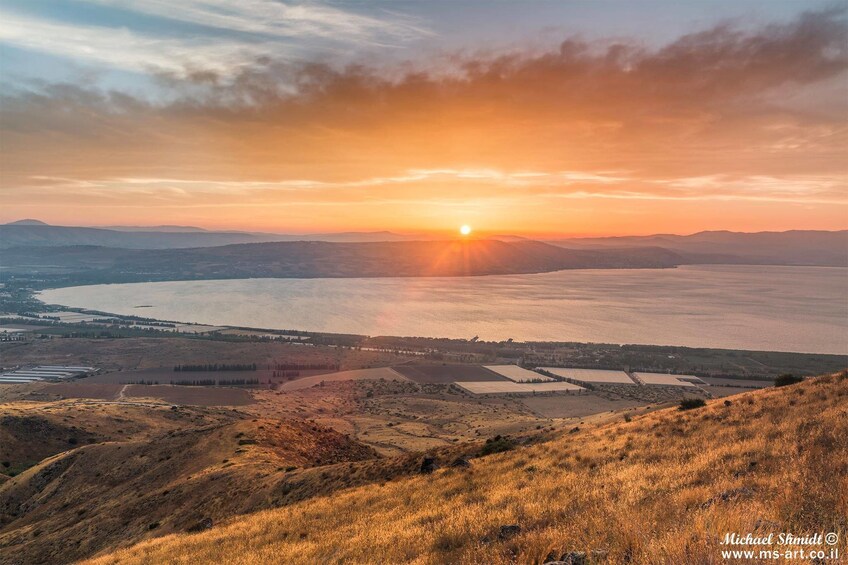 View of the water and sunset from mountains in Golan Heights