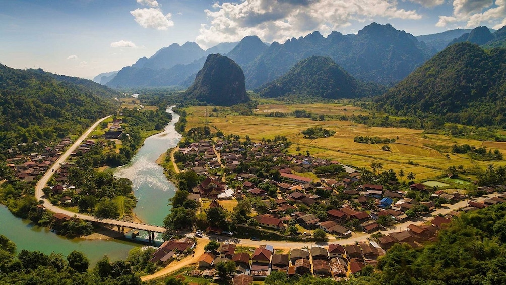 Aerial landscape view of Phou Den Din National Protected Area on a sunny day