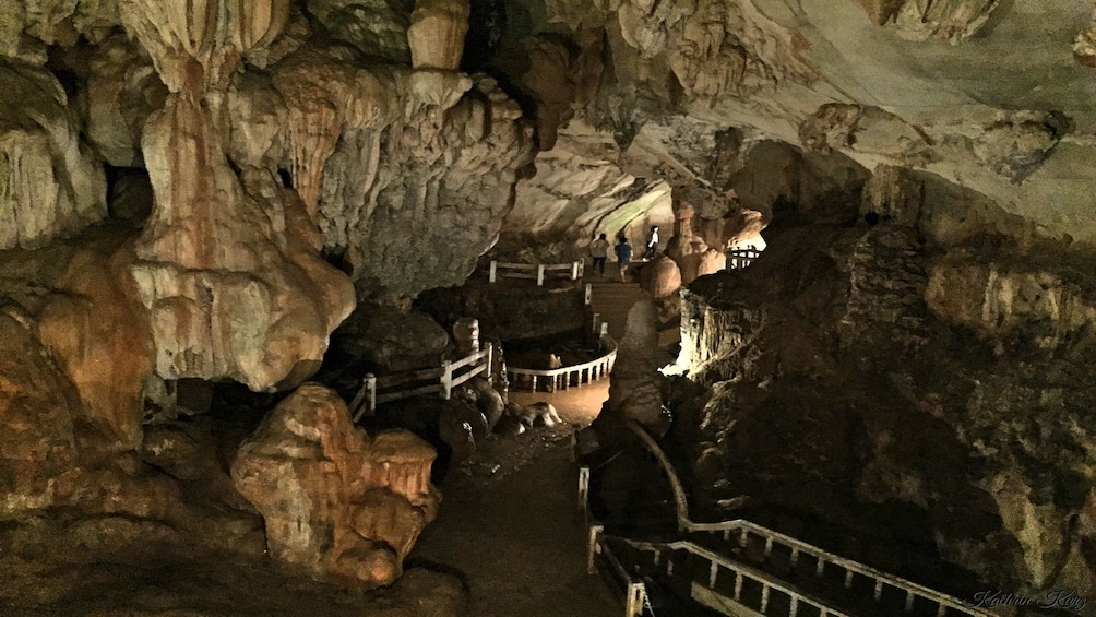 Aerial shot of interior of Tham Chang Cave in Vang Vieng, Laos