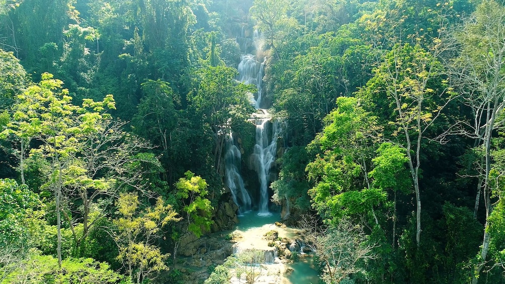 Aerial view of Kuang Si Falls waterfall in Laos