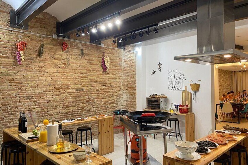 Here is our kitchen ready for our Midday paella class