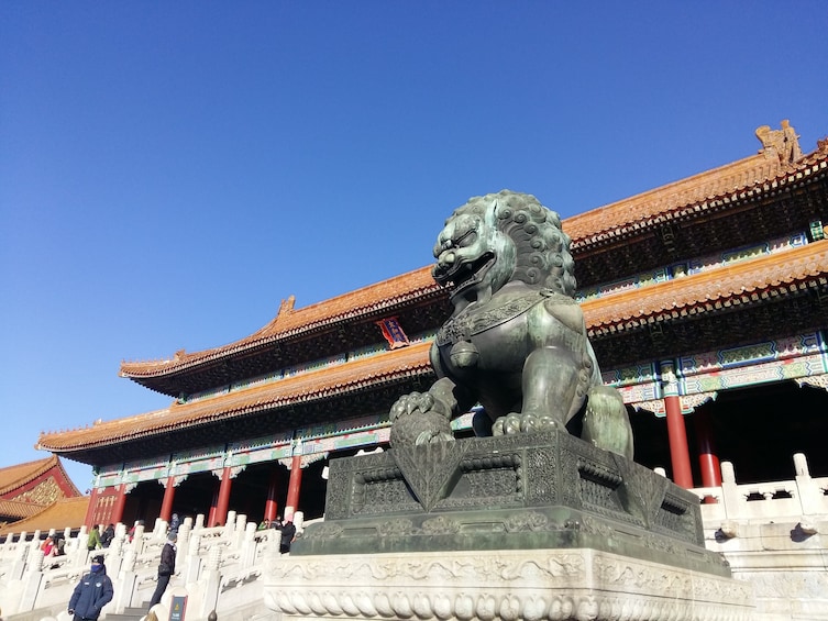 Bronze lion sculpture at the Forbidden City in Beijing, China 