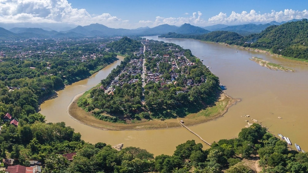 Aerial view of Mekong River running through Luang Prabang, Laos