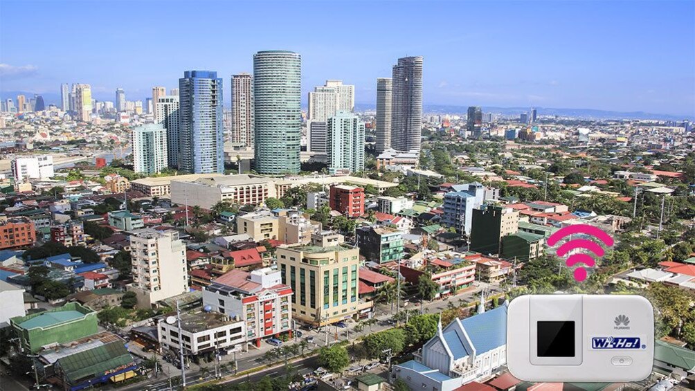 Show item 1 of 1. Downtown Manila, Philippines with Wi Fi symbol and router superimposed