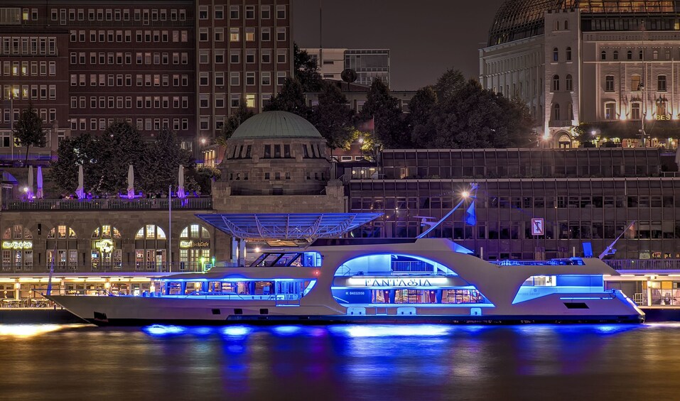 Night view of the Fantasia ship at the Port of Hamburg