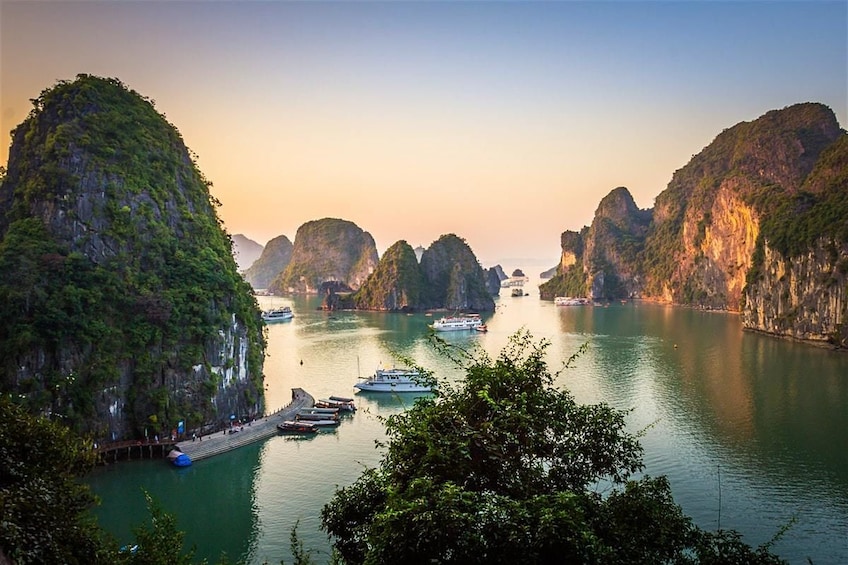 Panoramic view of Halong Bay at sunset