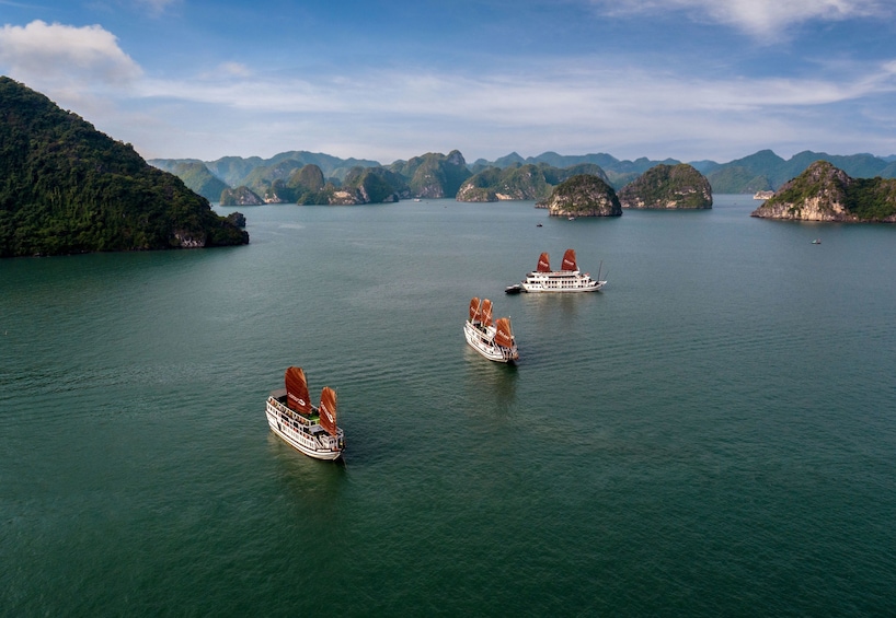 Aerial view of the boats on Halong Bay 