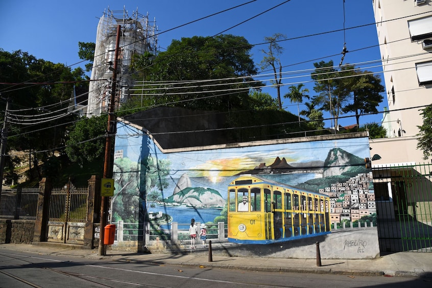 Mural of yellow tram in Rio de Janeiro, Brazil
