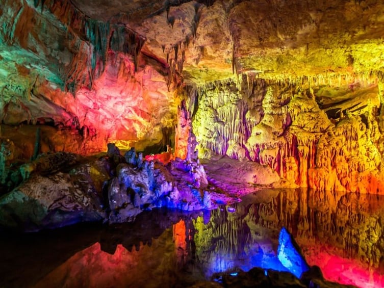 Cave lit with colorful lights in Georgia