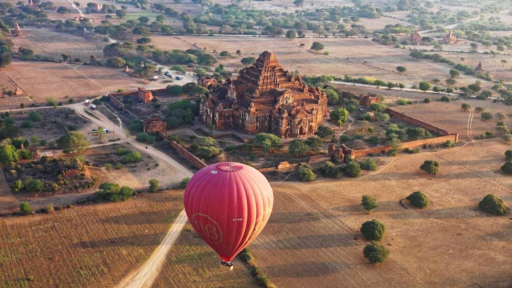 Hot air balloon and temple in Bagan