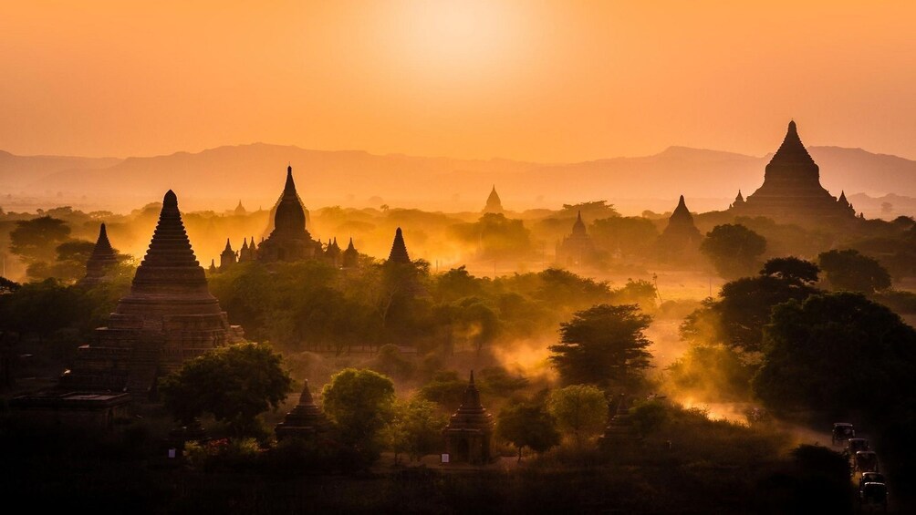 Many pagoda silhouettes at sunset in Bagan, Myanmar
