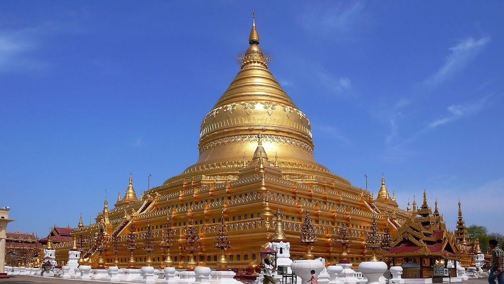 Shwezigon Pagoda on a sunny day in Myanmar