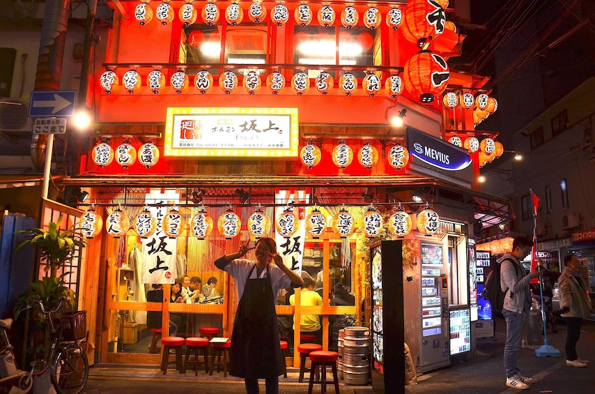 Exterior of restaurant at night in Osaka