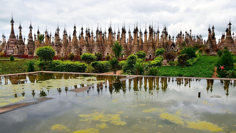 Stupas and pond in Myanmar